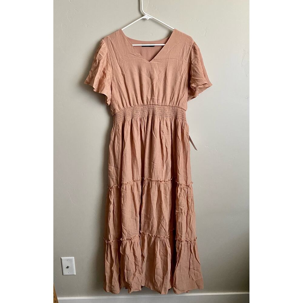 Mikarose Apricot Flutter Sleeve Boho Whimsical Tiered V-Neck Maxi Dress Sz L NWT - Picture 5 of 12